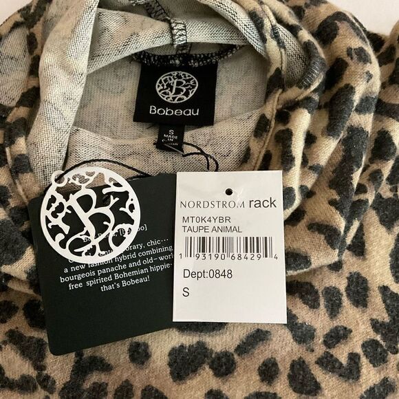 Bobeau Top Cowl Neck Built In Face Cover Black Tan Taupe Animal Print Small - Picture 4 of 11